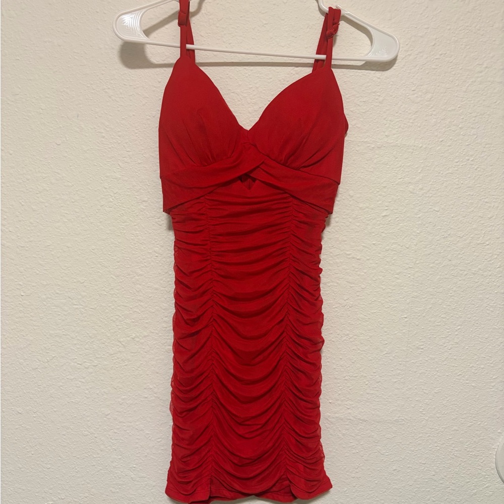 City Triangles Red Ruched Bodycon Mini Dress with Adjustable Straps